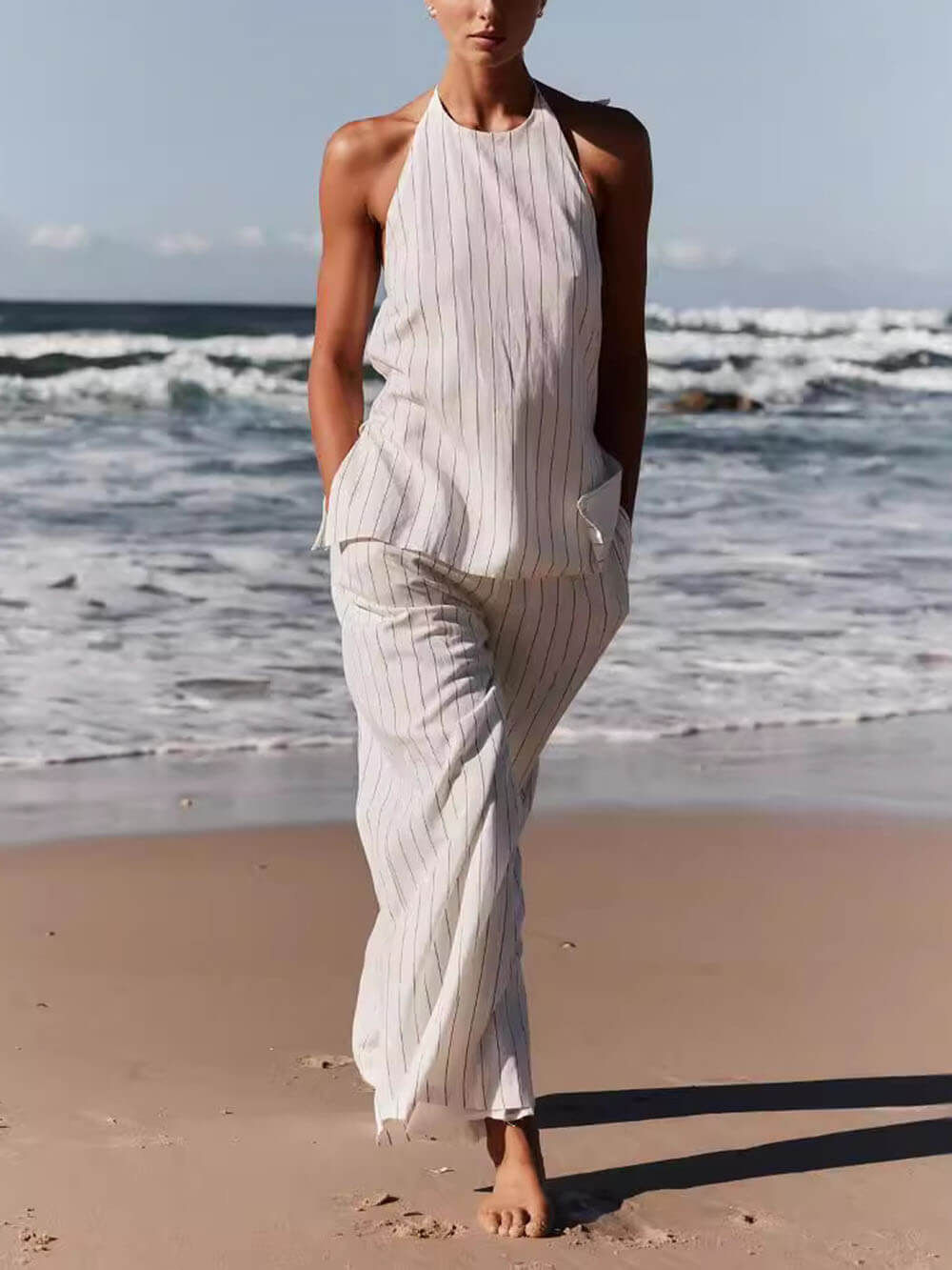 Ensemble haut sans manches et pantalon large à imprimé rayé classique et tendance