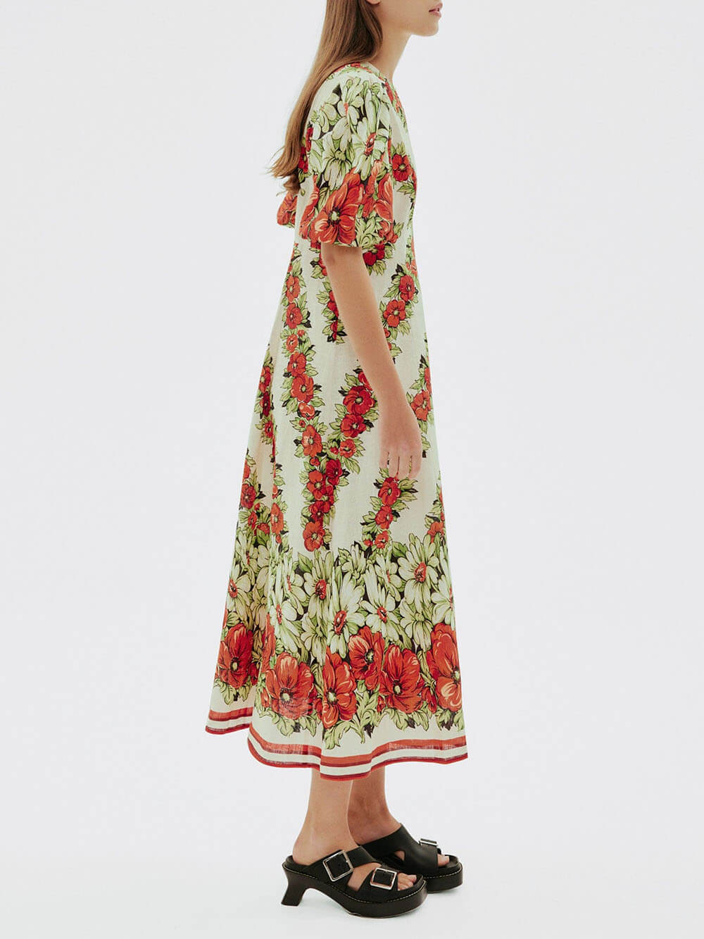 Classic Modern Floral Print Puff Sleeve A-Line Midi Dress