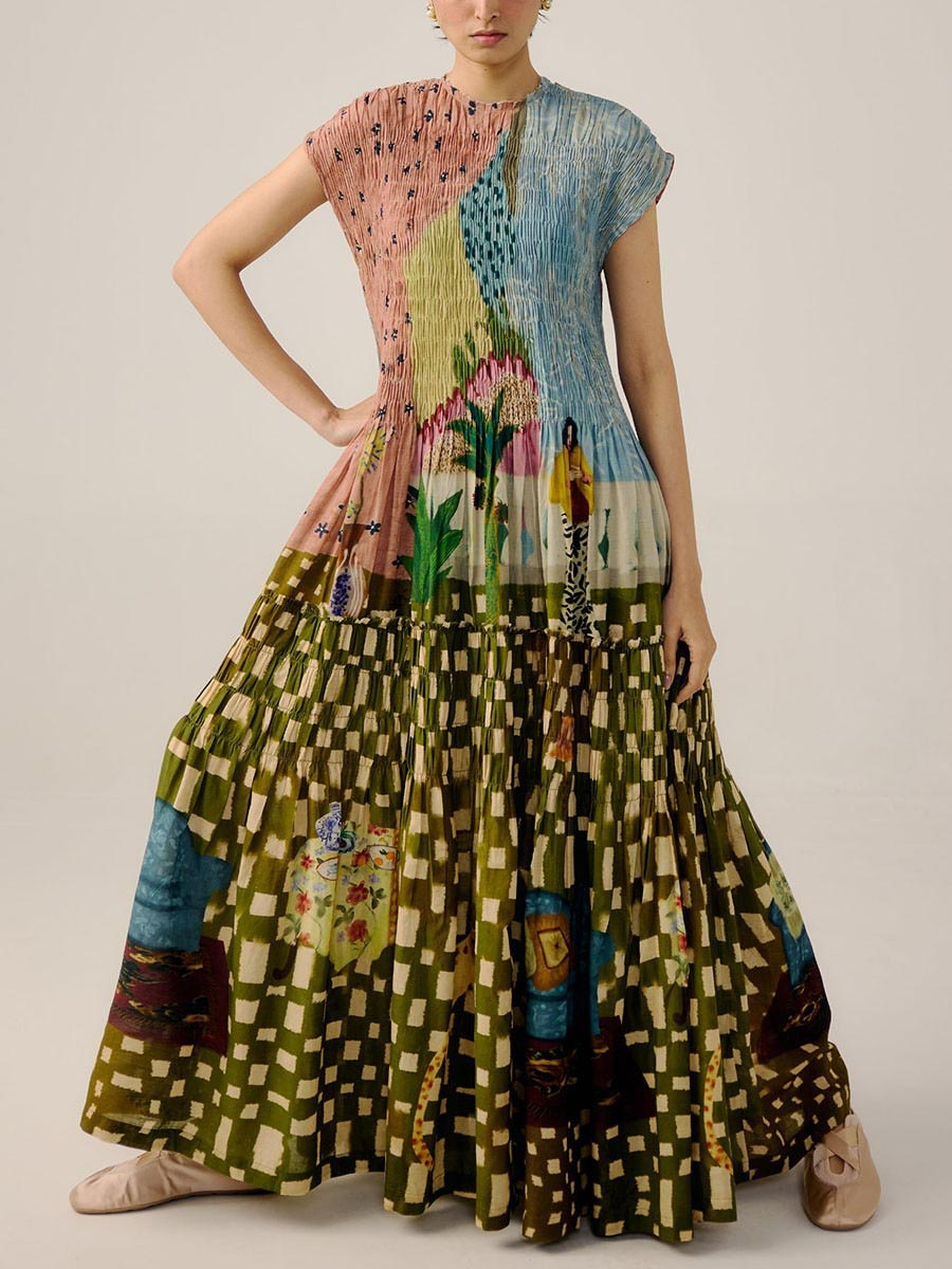 Retro Pleated Print Maxi Dress