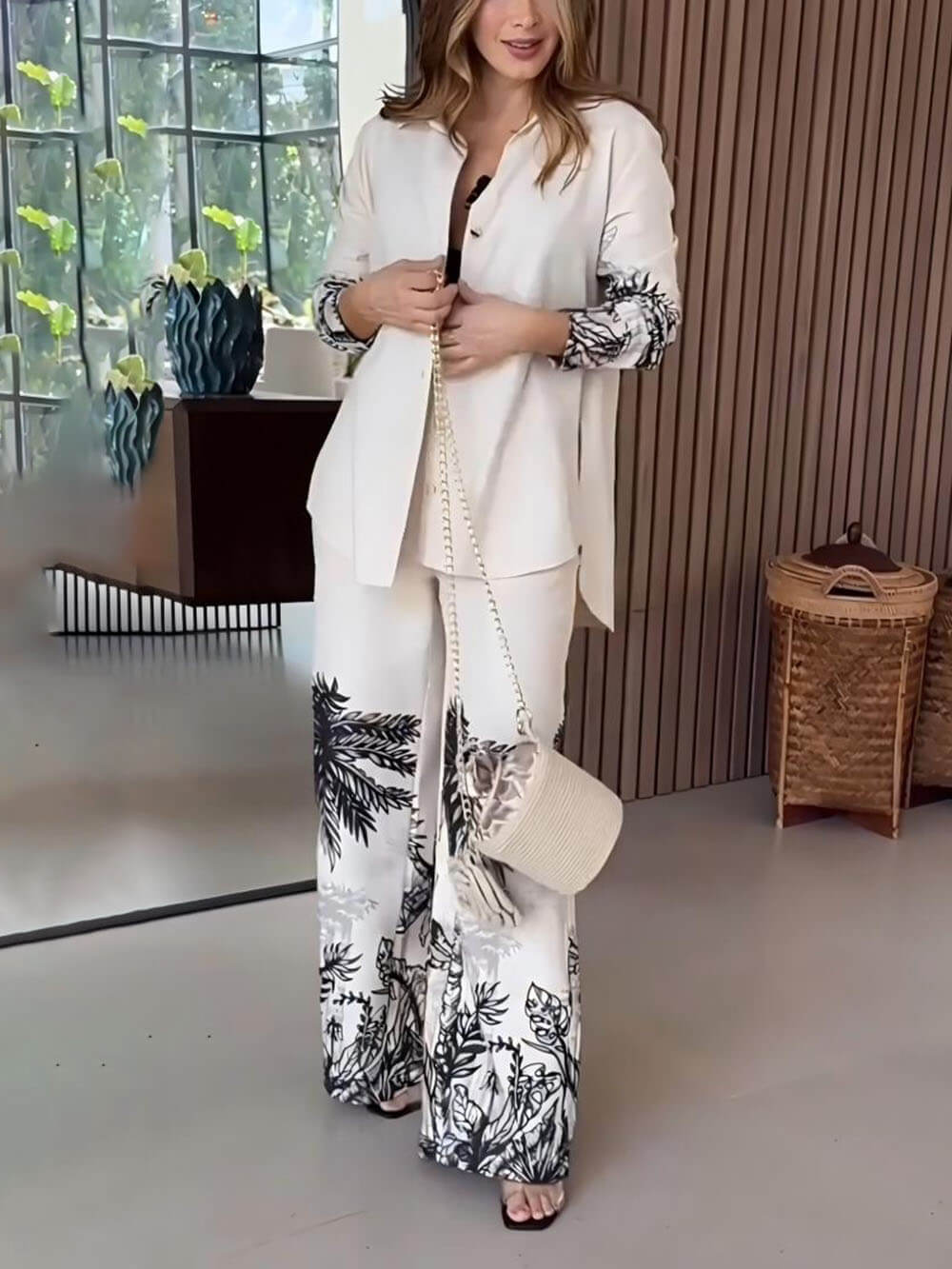 Modern Unique Positioning Print High Waist Pocket Wide Leg Pants