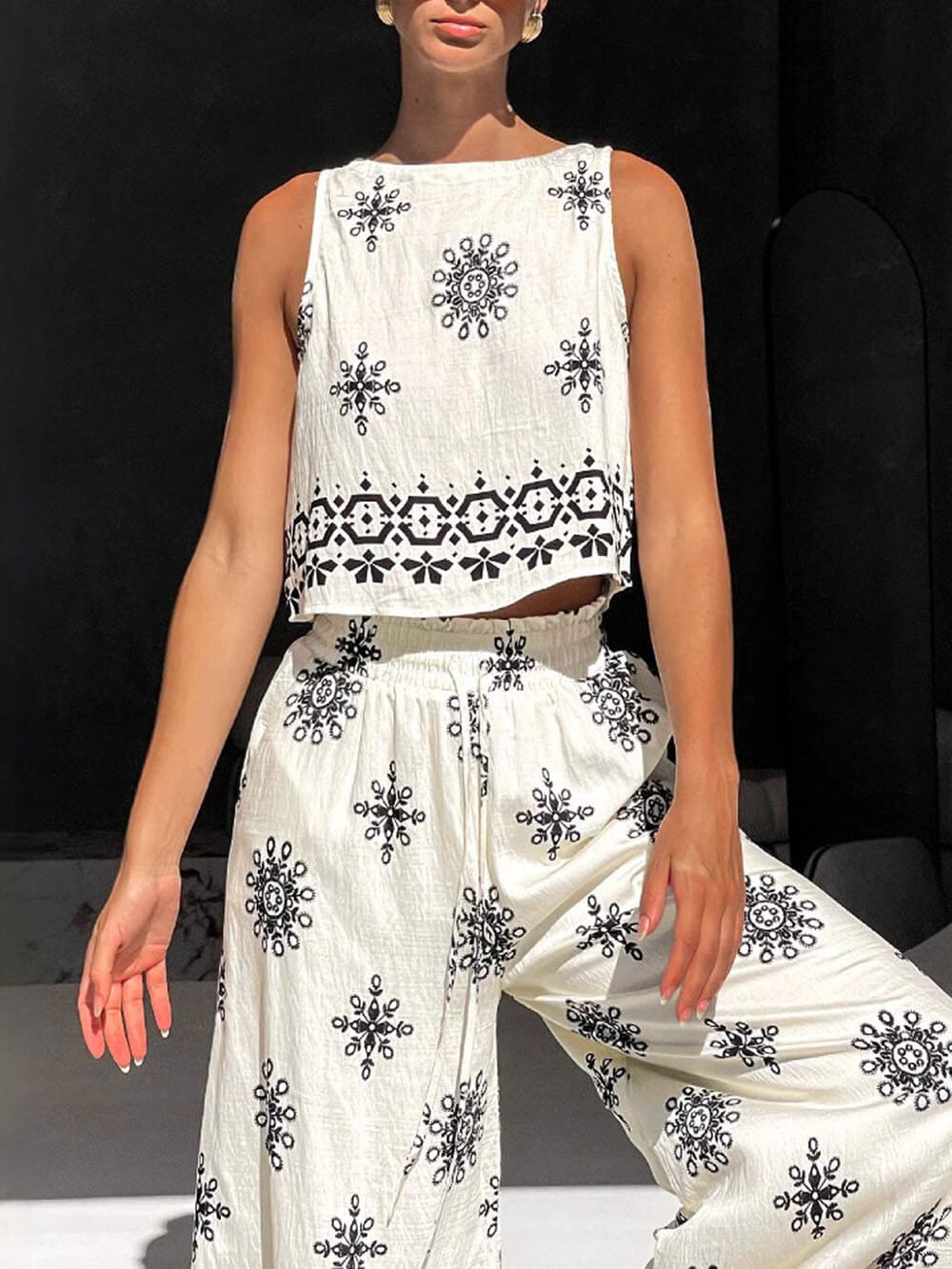 Ensemble gilet et pantalon large en lin imprimé unique, tendance et décontracté