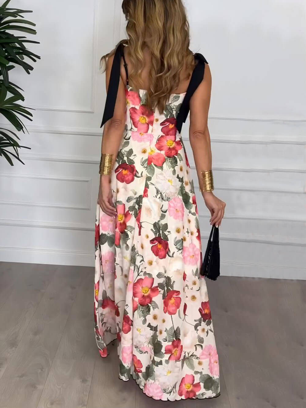 Elegant Floral Print Suspender Strap Maxi Dress