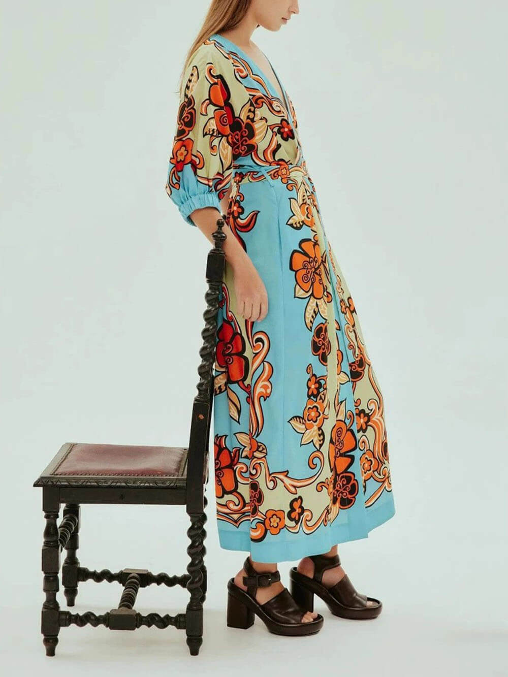 Fashionable Satin Unique Sky Color Print Loose Lace Maxi Dress