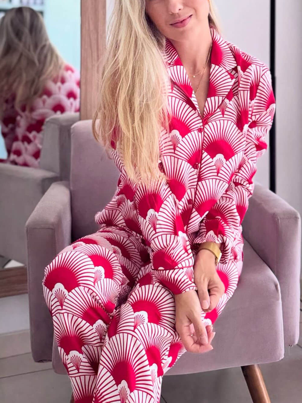 Beautiful Date Unique Satin Cherry Blossom Print Elastic Waist Pocket Straight Pants
