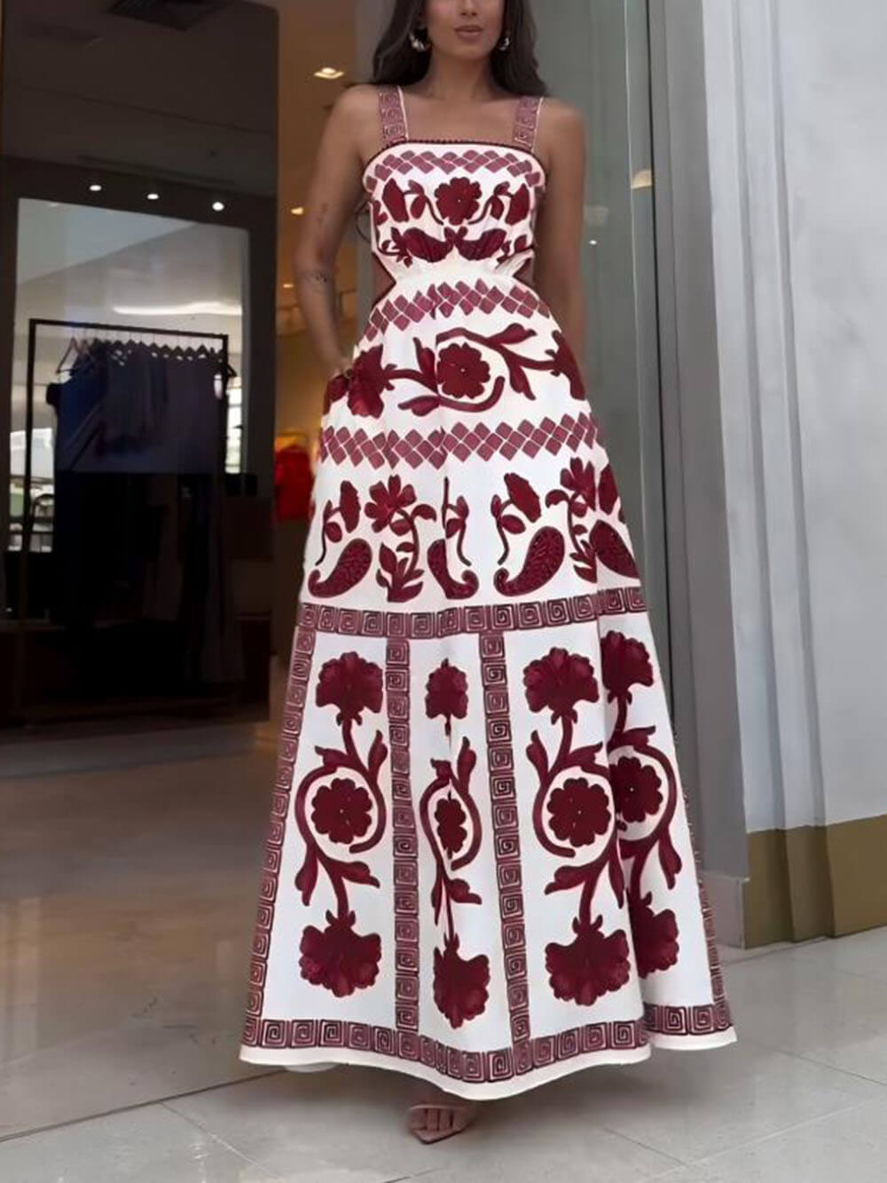 Elegant And Unique Ethnic Print Waist Hollow Out Maxi Dress