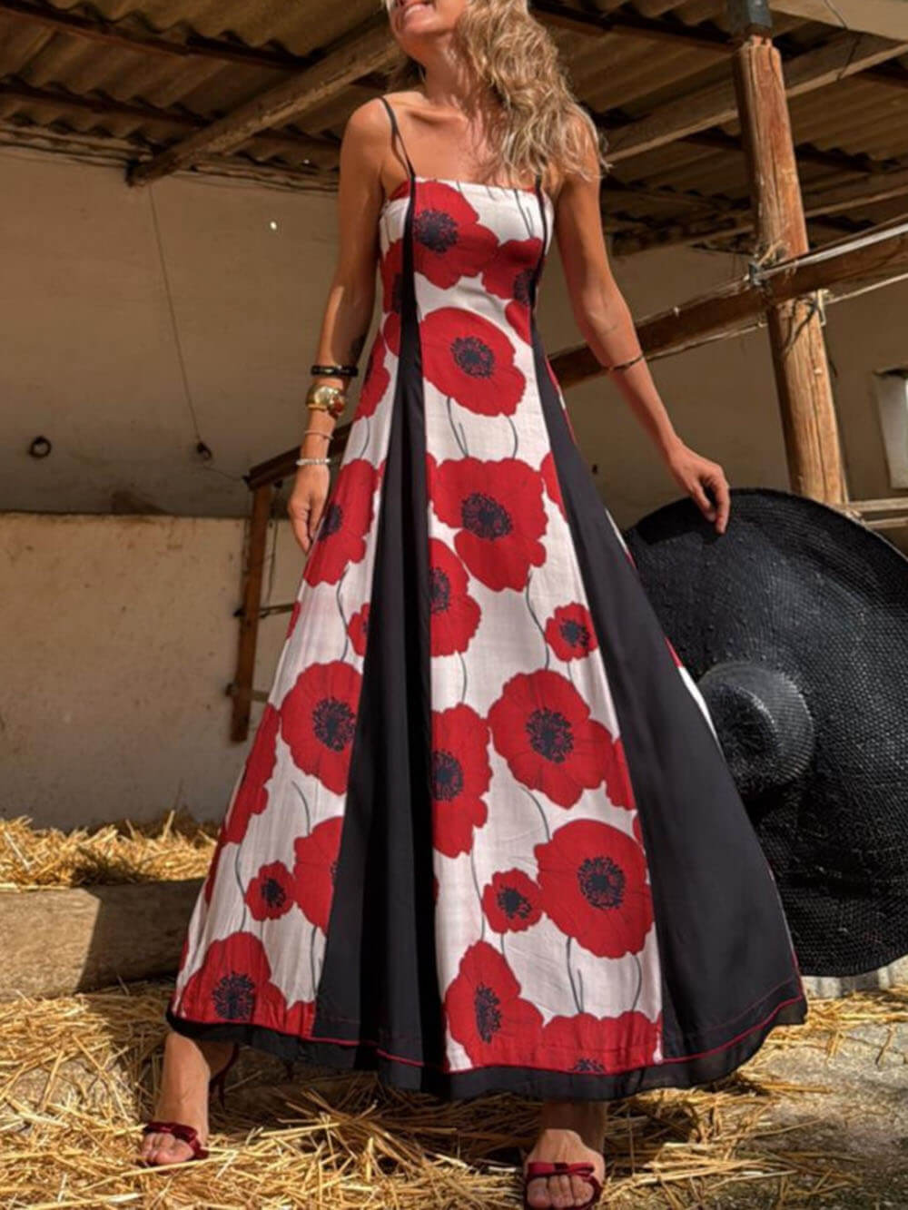 Vestido largo de patchwork con estampado único de amapolas