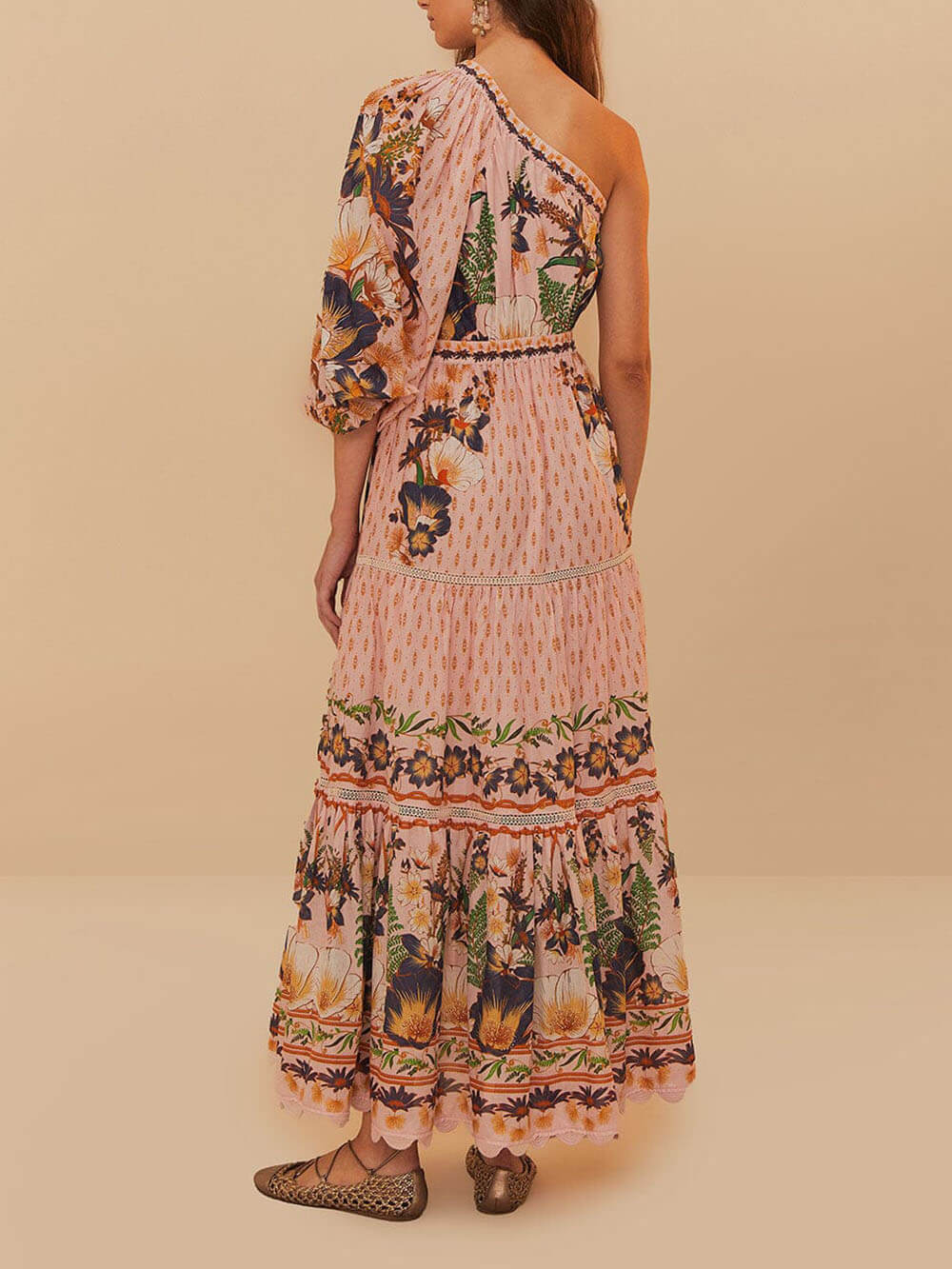 Exquisite Pink Unique Dream Garden Print One-Shoulder Sleeve Waisted Maxi Dress