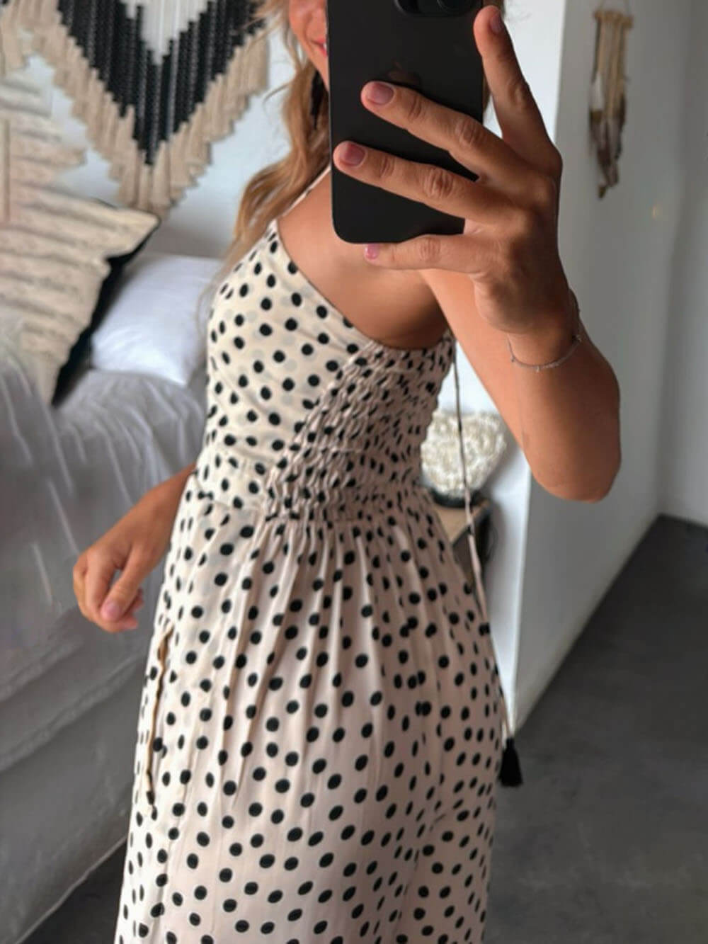 Unique Ruffled Patchwork Polka Dot Print Tie Neckline Off-The-Shoulder Maxi jumpsuit