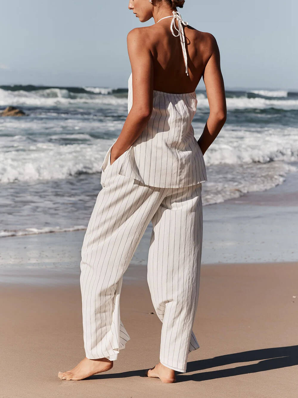 Ensemble haut sans manches et pantalon large à imprimé rayé classique et tendance
