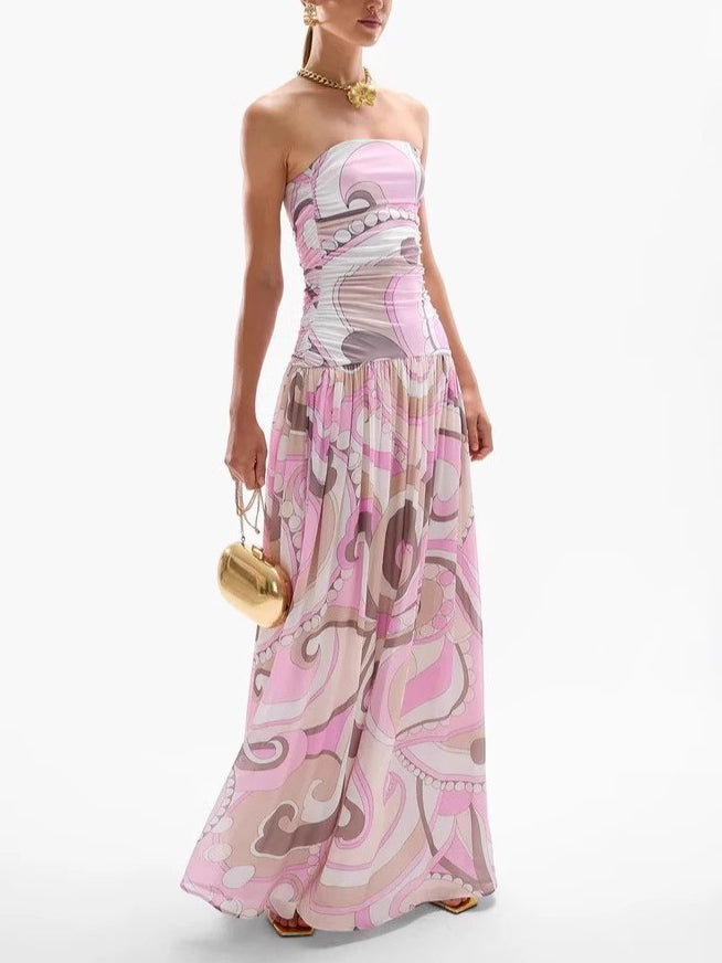Moachic Elegant Swirl Vintage Print Drop Waist Maxi Dress