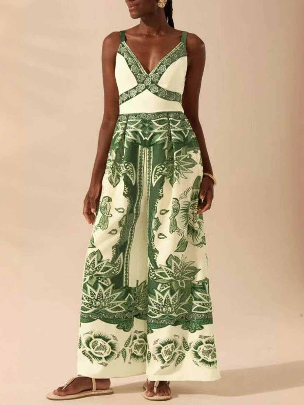 Bohemian Style Plant Print Casual Sling Holiday Loose Jumpsuit