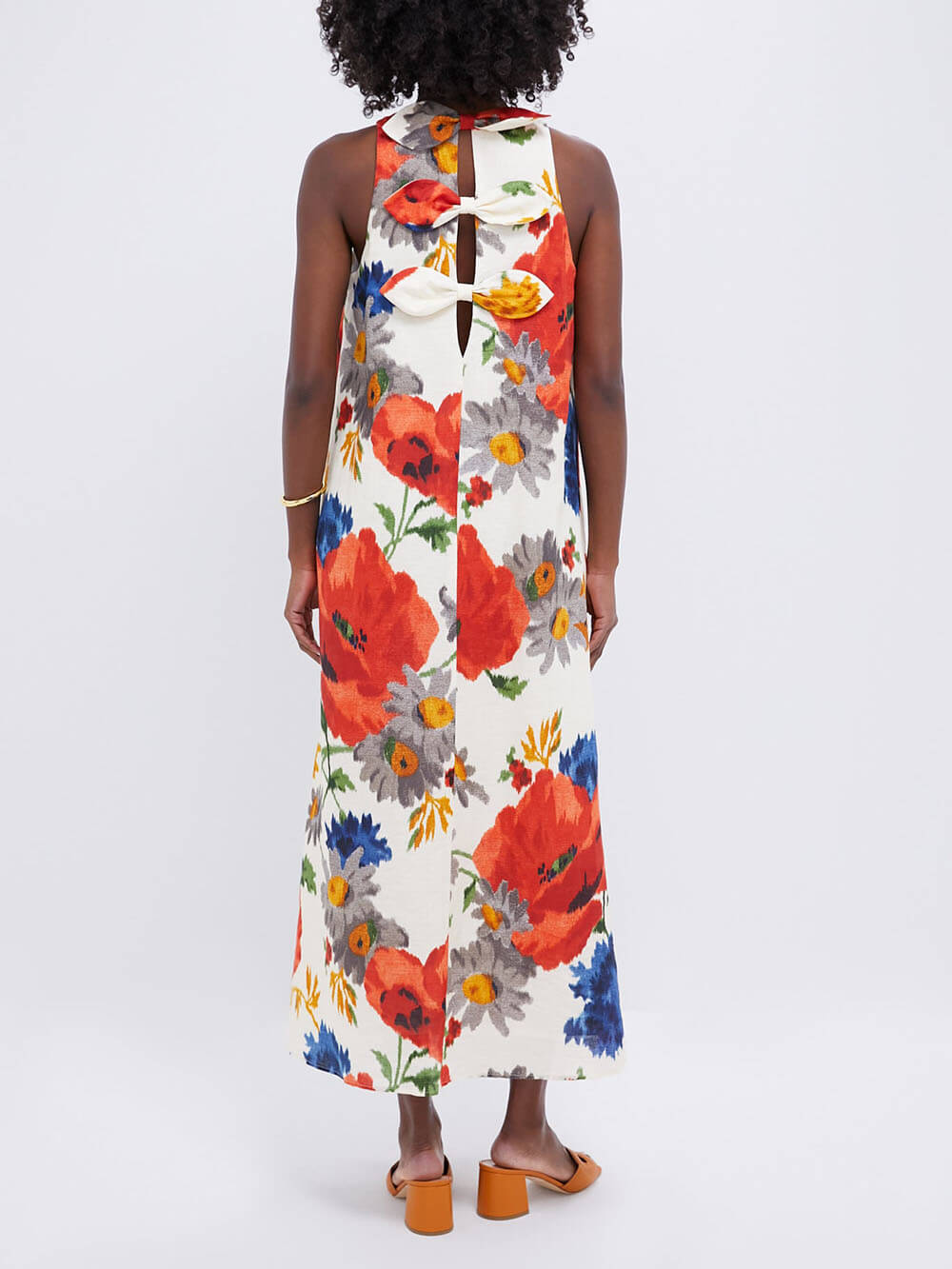 Modern Feel Crimson Poppy Linen Blend Back Elegant Bow Details Loose Maxi Dress