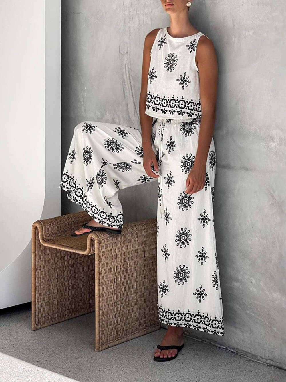 Ensemble gilet et pantalon large en lin imprimé unique, tendance et décontracté