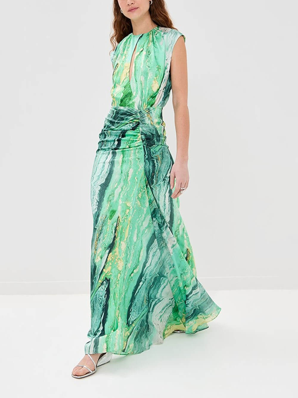 Elegant Unique Tie-Dye Print Front Pleated Back Slit Cutout Maxi Dress