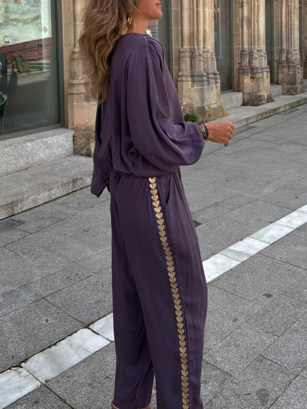Modern Feel Unique Gold Trim Stitching Elastic Waistband Pocket Straight Pants