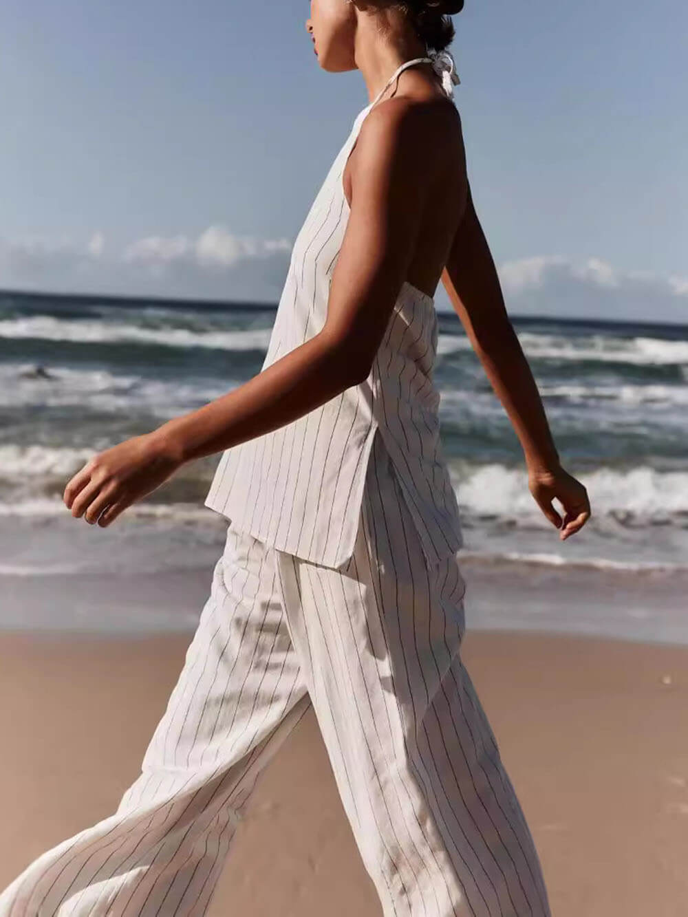 Ensemble haut sans manches et pantalon large à imprimé rayé classique et tendance