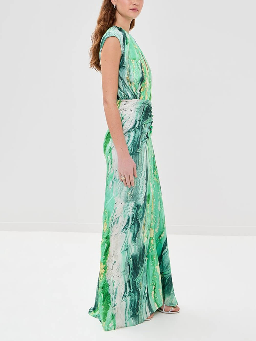 Elegant Unique Tie-Dye Print Front Pleated Back Slit Cutout Maxi Dress