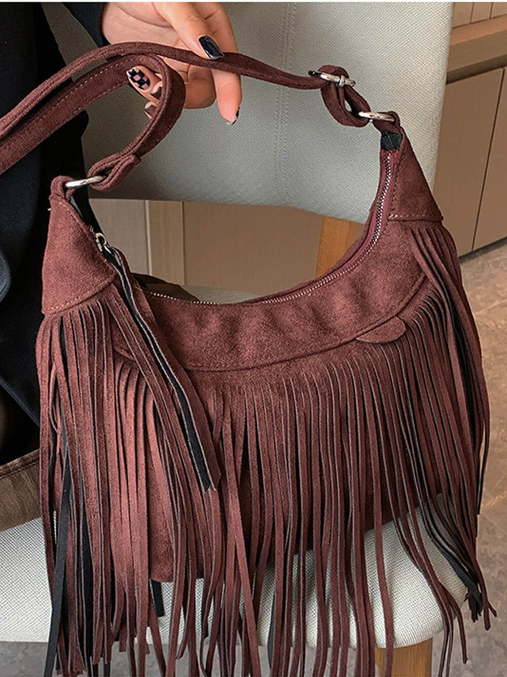 Sacoche vintage en similicuir de cerf à pompons style bohème