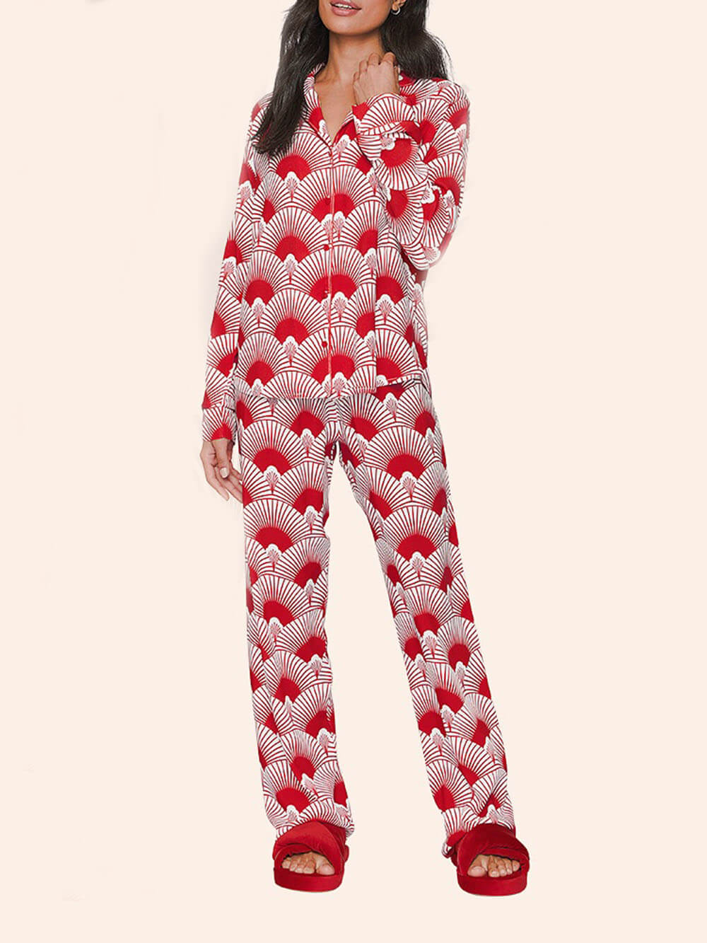Beautiful Date Unique Satin Cherry Blossom Print Elastic Waist Pocket Straight Pants