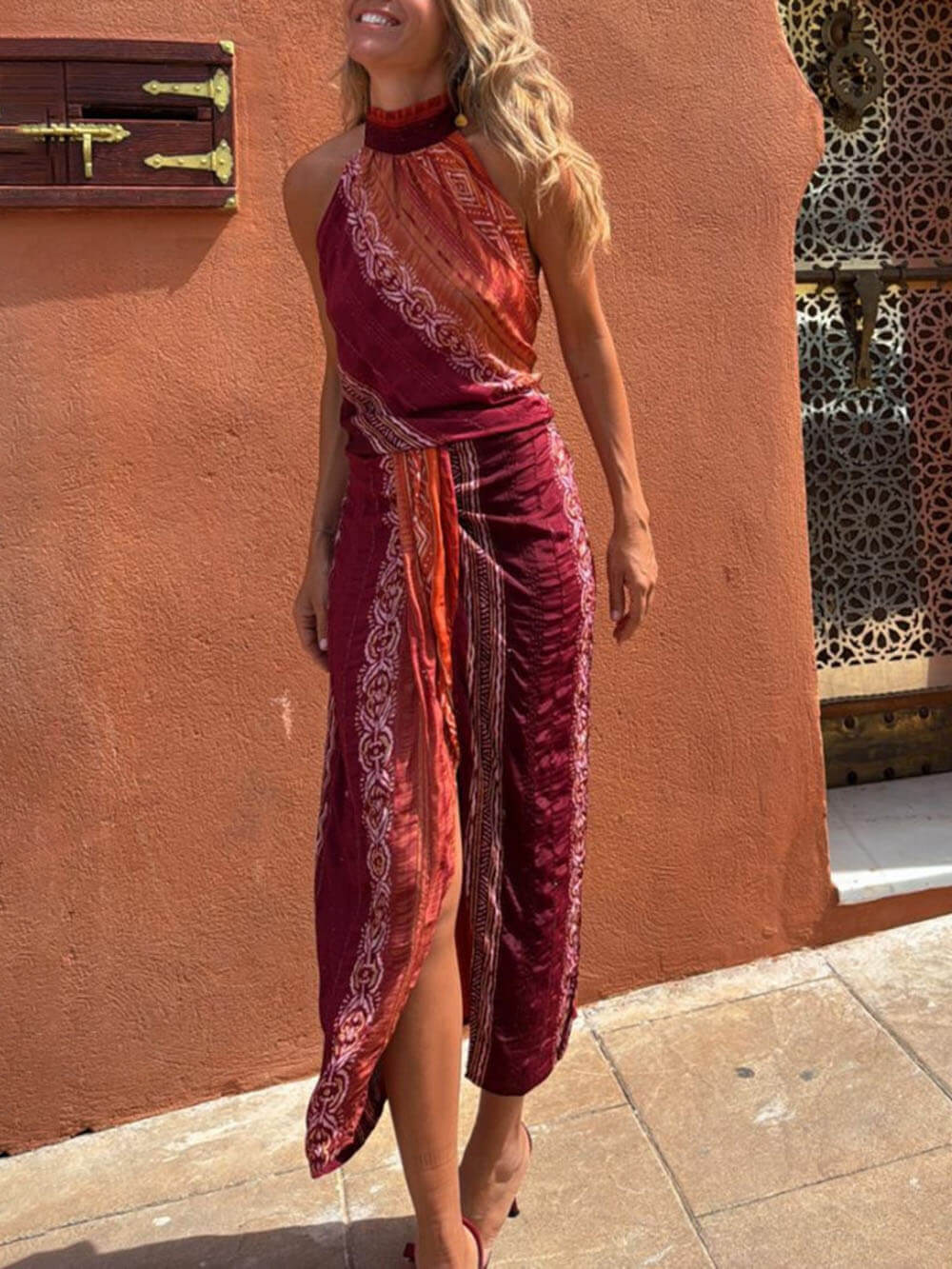 Unique Pattern Print Open Back Pleated Lace-Up Vest Top Slit Elastic Skirt Set