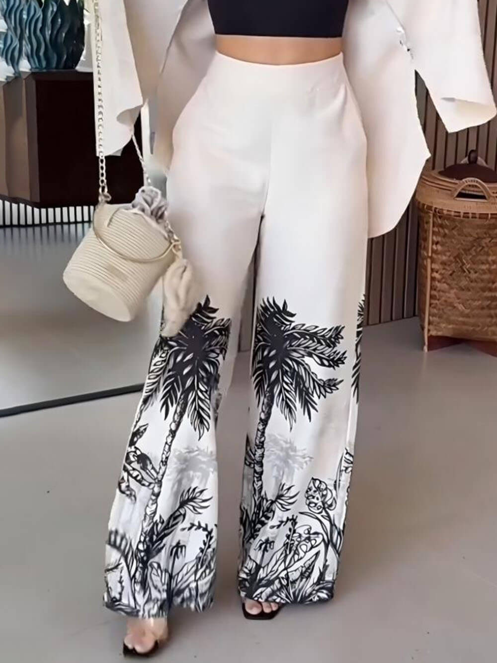 Modern Unique Positioning Print High Waist Pocket Wide Leg Pants