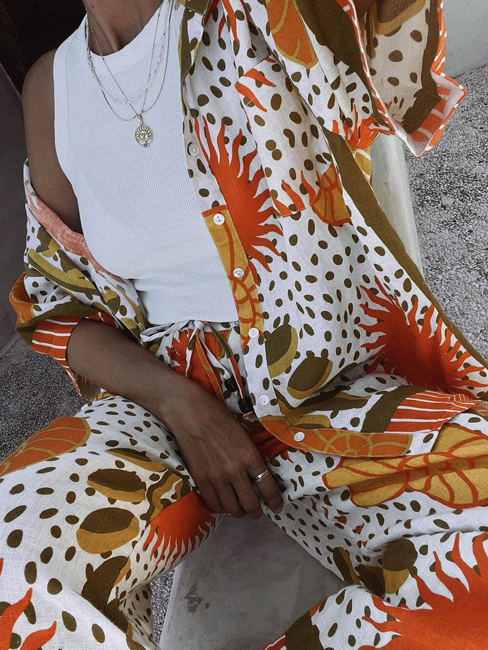 Pantalon décontracté unique en satin imprimé soleil, ample, taille élastique, cordon de serrage, poche, jambe large