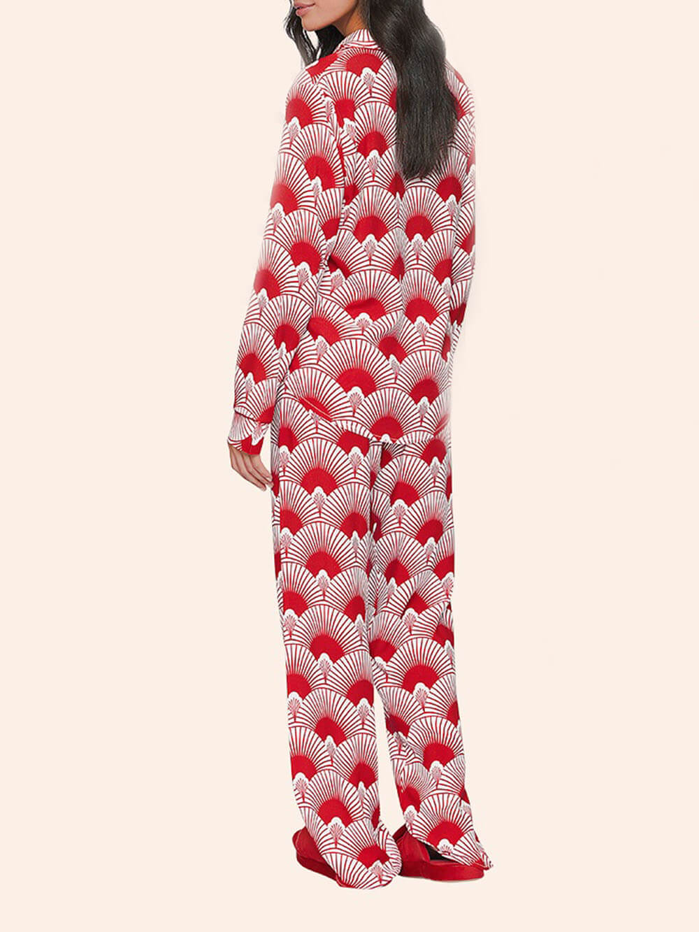Beautiful Date Unique Satin Cherry Blossom Print Elastic Waist Pocket Straight Pants