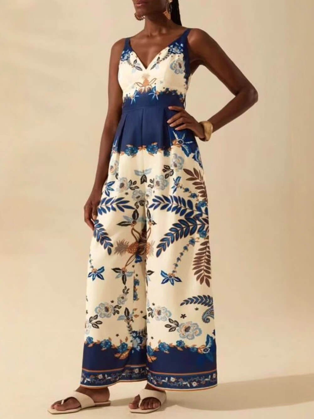 Bohemian Style Plant Print Casual Sling Holiday Loose Jumpsuit