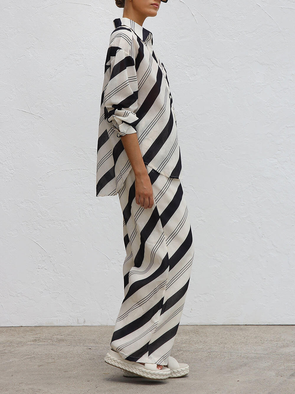 Classic Style Unique Striped Print Elastic Loose Pocket Wide-Leg Pants