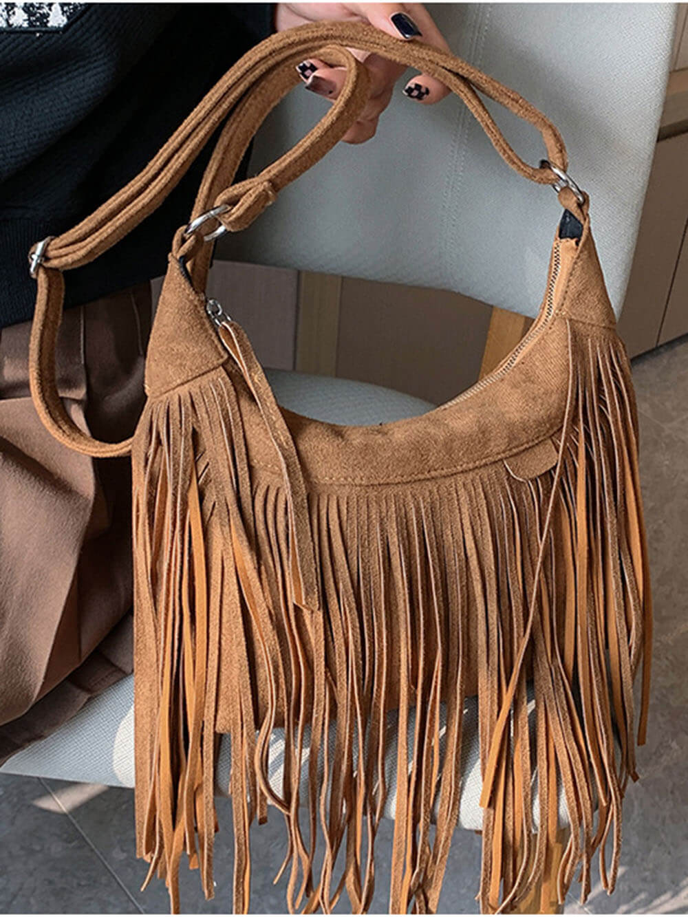 Sacoche vintage en similicuir de cerf à pompons style bohème