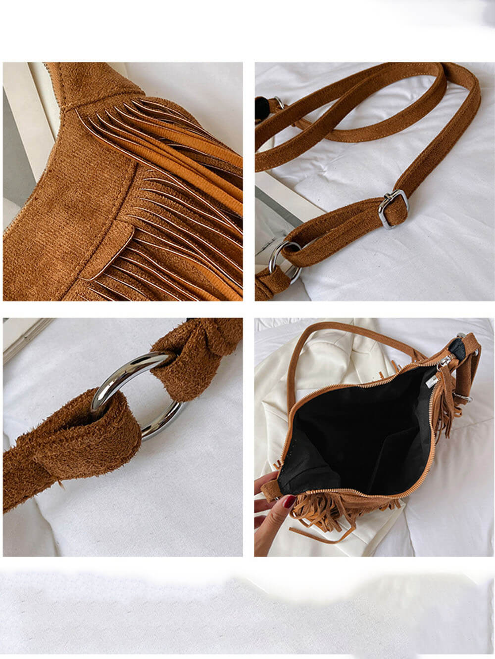 Sacoche vintage en similicuir de cerf à pompons style bohème