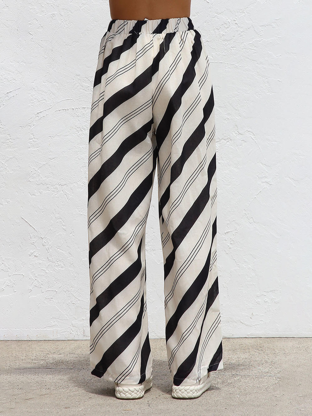 Classic Style Unique Striped Print Elastic Loose Pocket Wide-Leg Pants