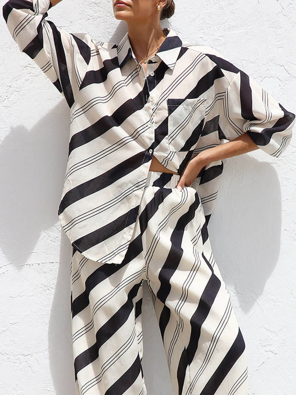 Classic Style Unique Striped Print Elastic Loose Pocket Wide-Leg Pants