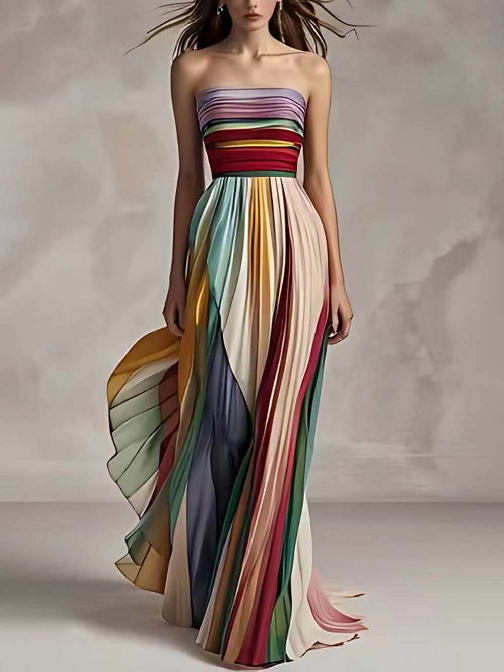 Robe longue bandeau plissée à épaules dénudées, élégante et imprimée à rayures