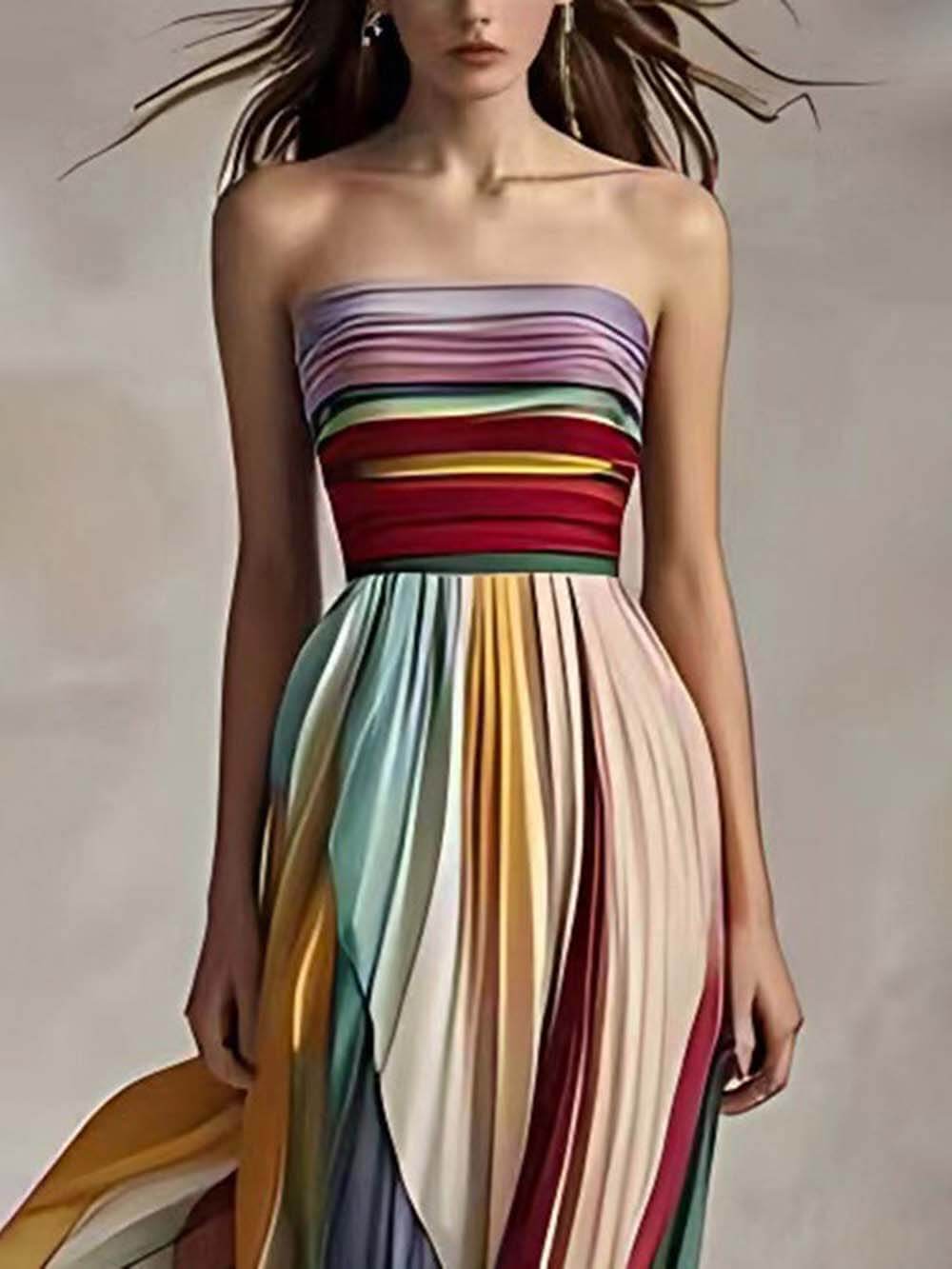 Robe longue bandeau plissée à épaules dénudées, élégante et imprimée à rayures