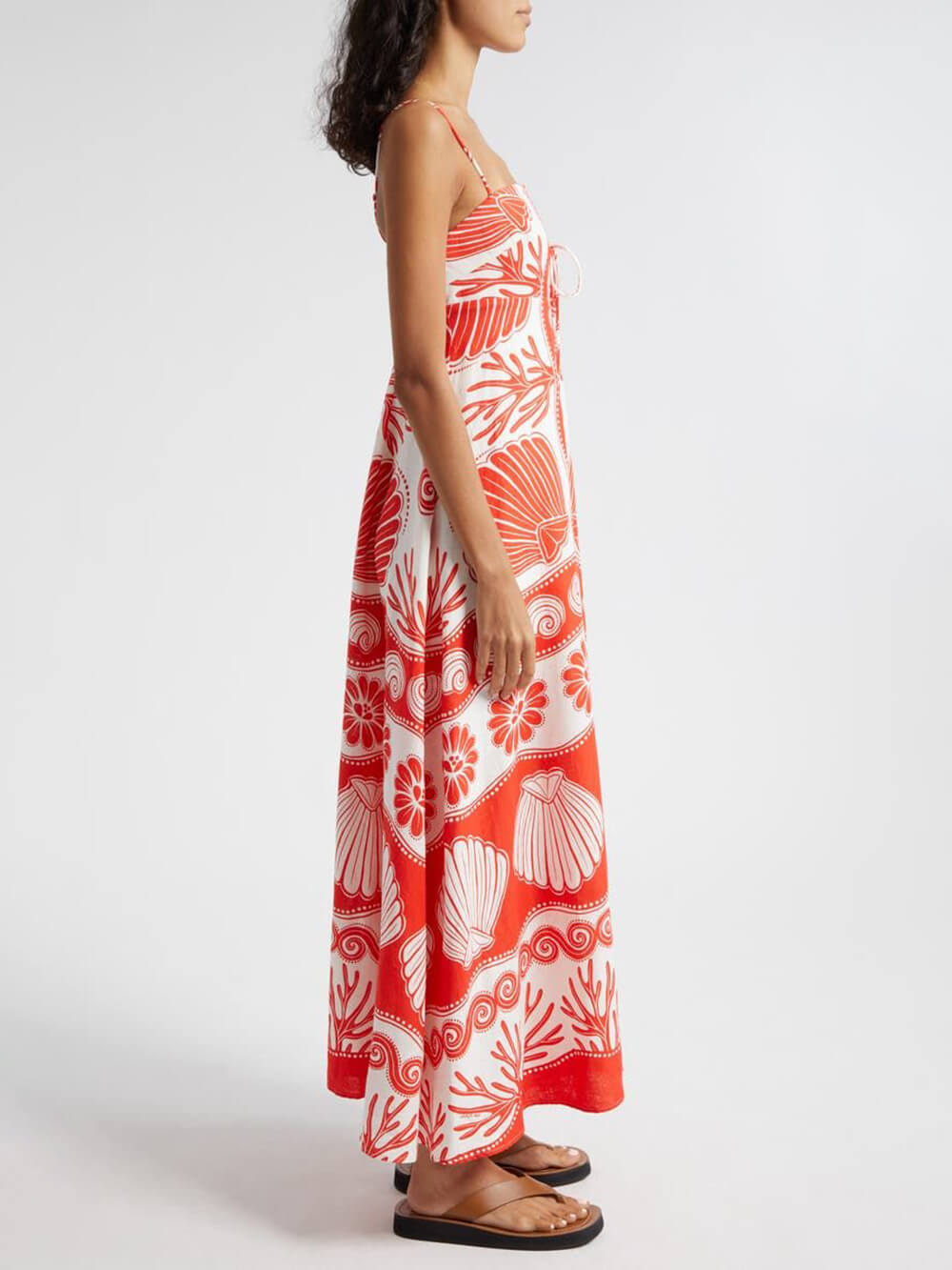 Robe longue ample à lacets et imprimé coquillage unique sur le devant