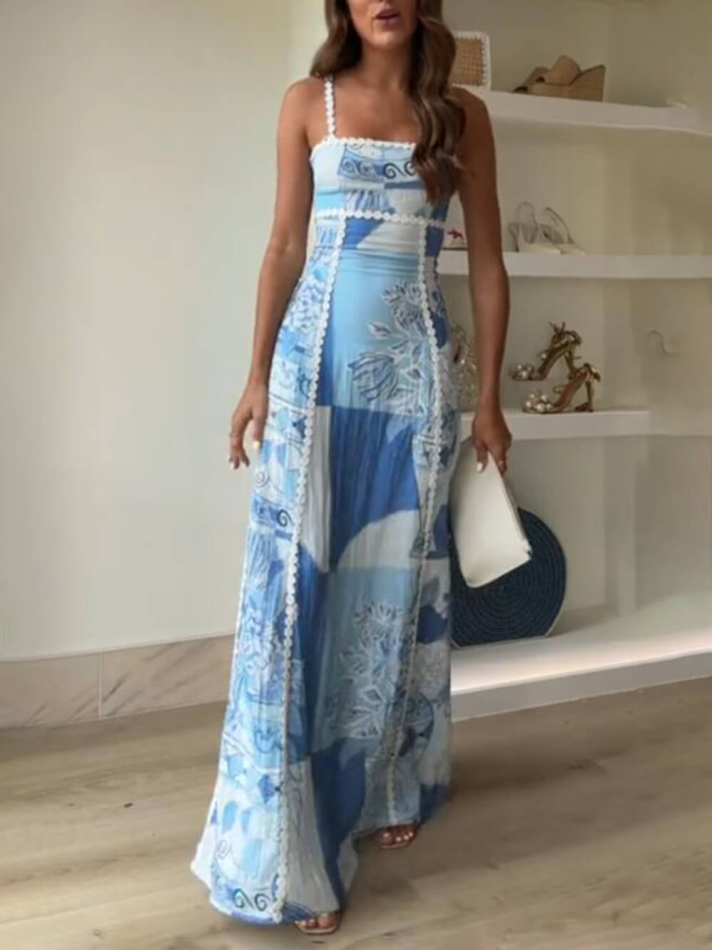 Robe longue évasée en dentelle patchwork imprimée unique avec lien au dos