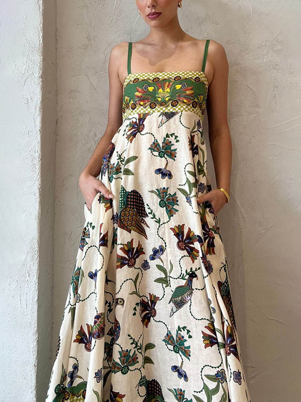 Sun Drenched Tropical Print Smocked Back Pocketed Dress