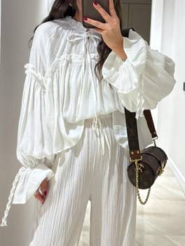 Bohemian Style Shirt And Wide Leg Pants Suit-Shirt