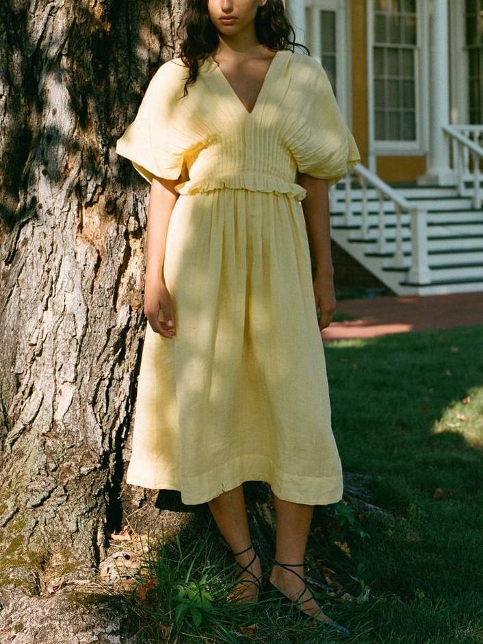 V-neck Pleated Midi Dress