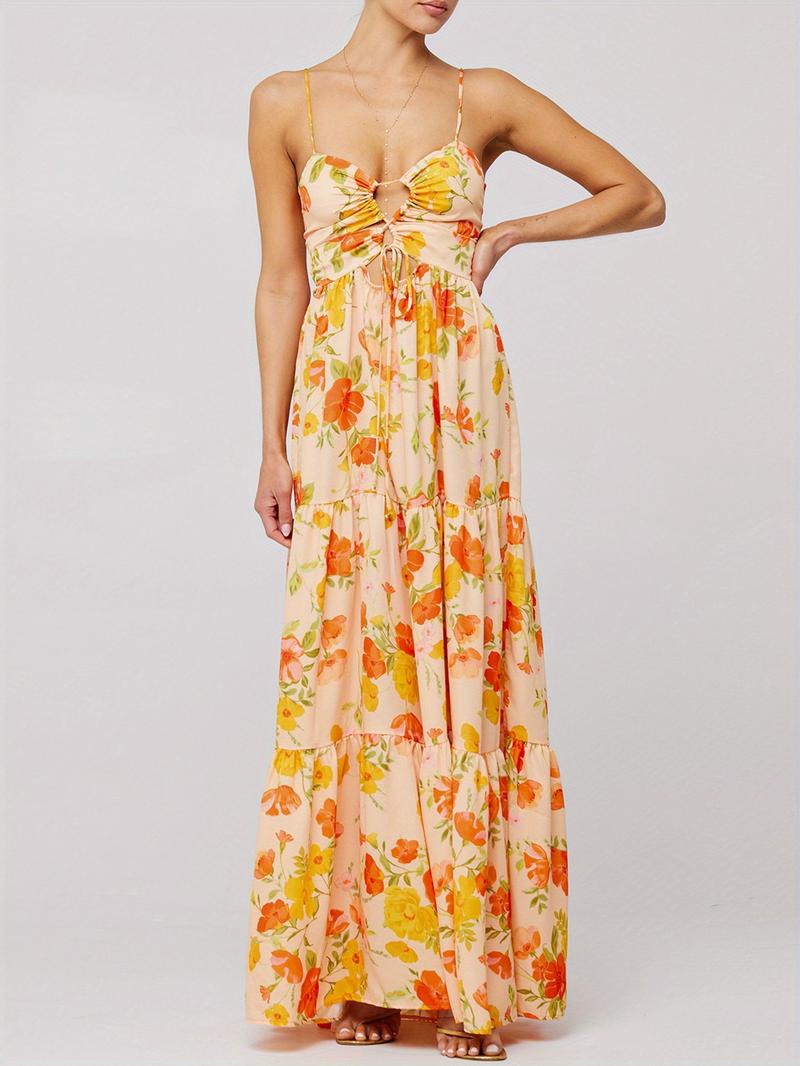 Sleeveless Spaghetti Strap Cross Tie-up Front Floral Print Midi Dress