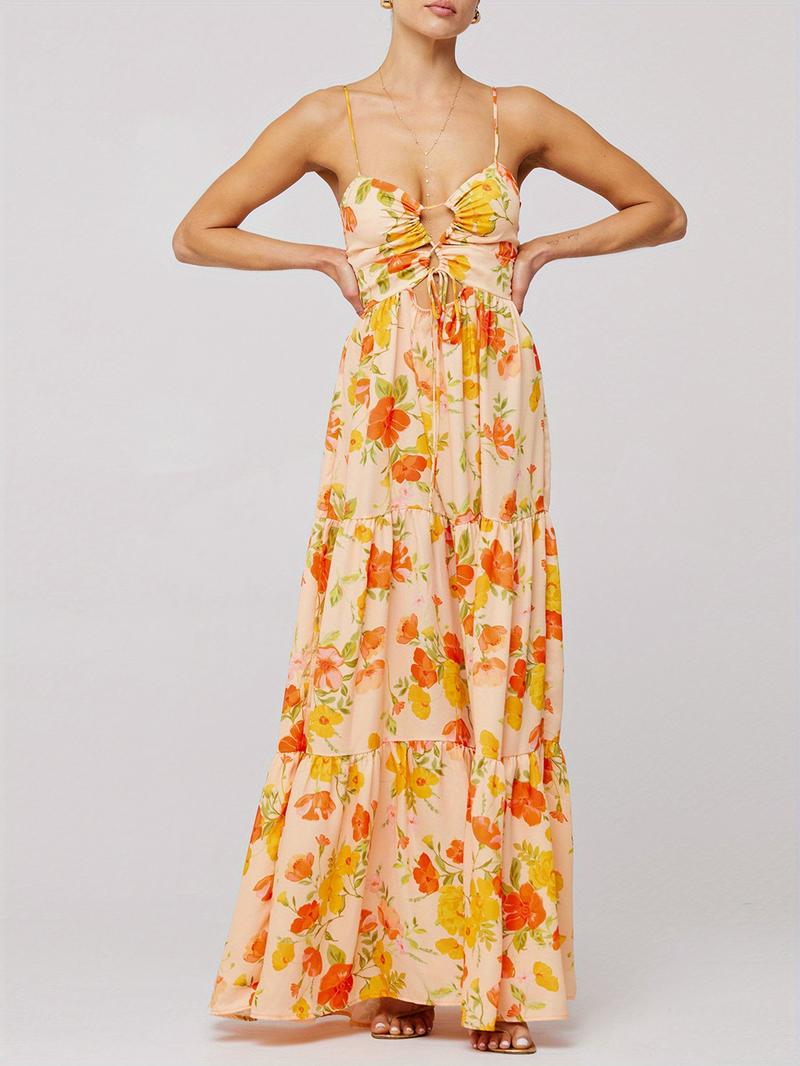 Sleeveless Spaghetti Strap Cross Tie-up Front Floral Print Midi Dress