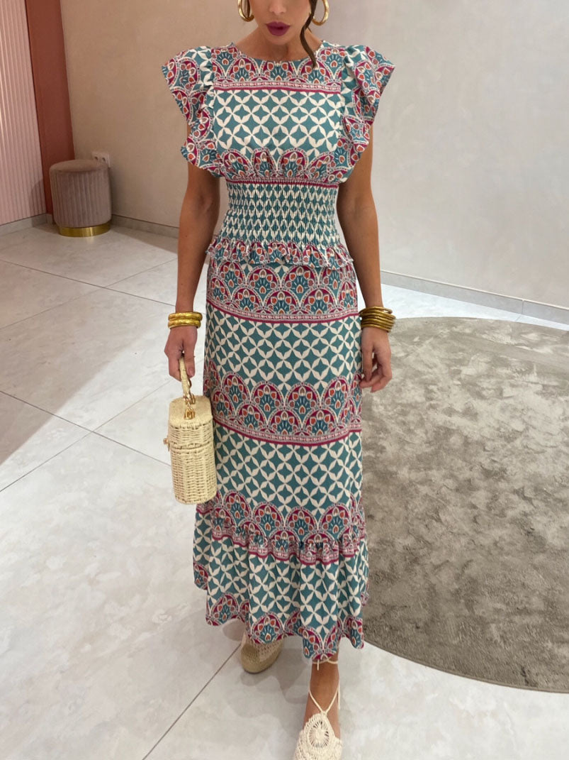 Robe mi-longue à imprimé vintage exquis et manches à volants