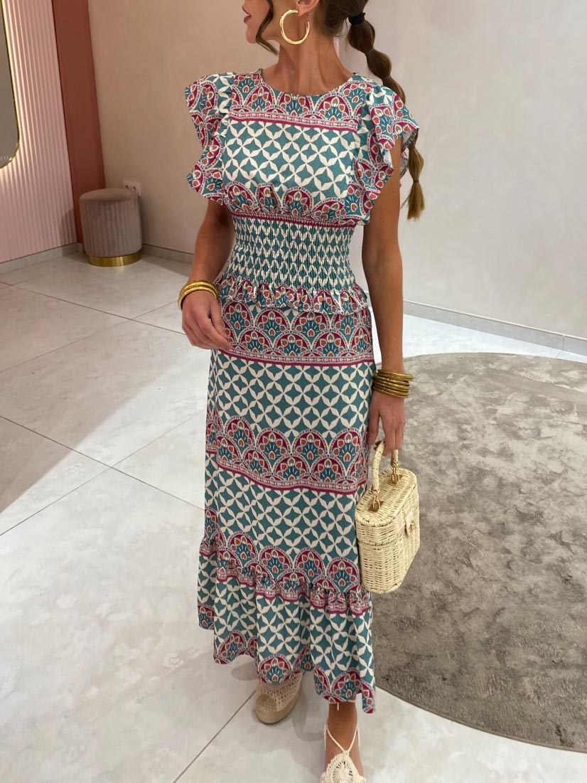 Robe mi-longue à imprimé vintage exquis et manches à volants