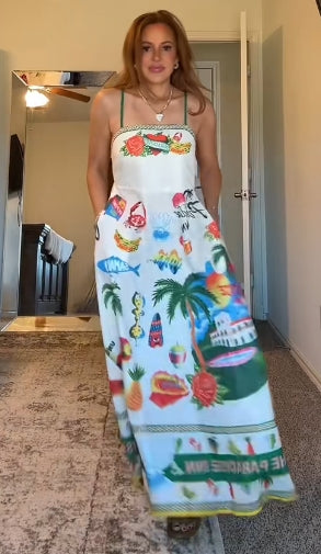 Sun Drenched Tropical Print Smocked Back Pocketed Dress