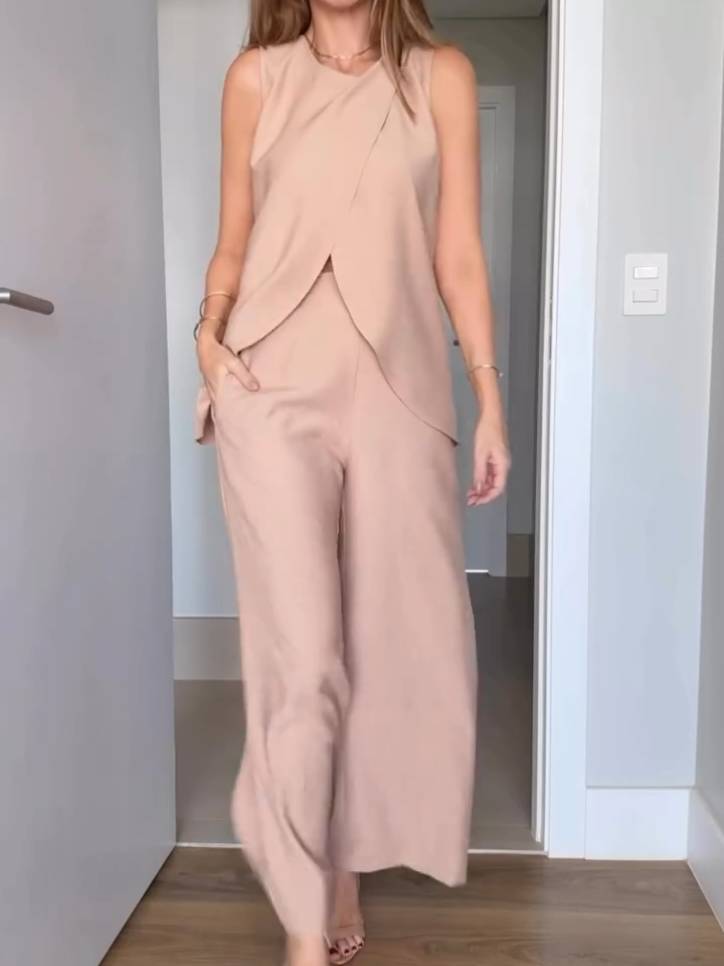Slit Vest And Wide Leg Pants Suit