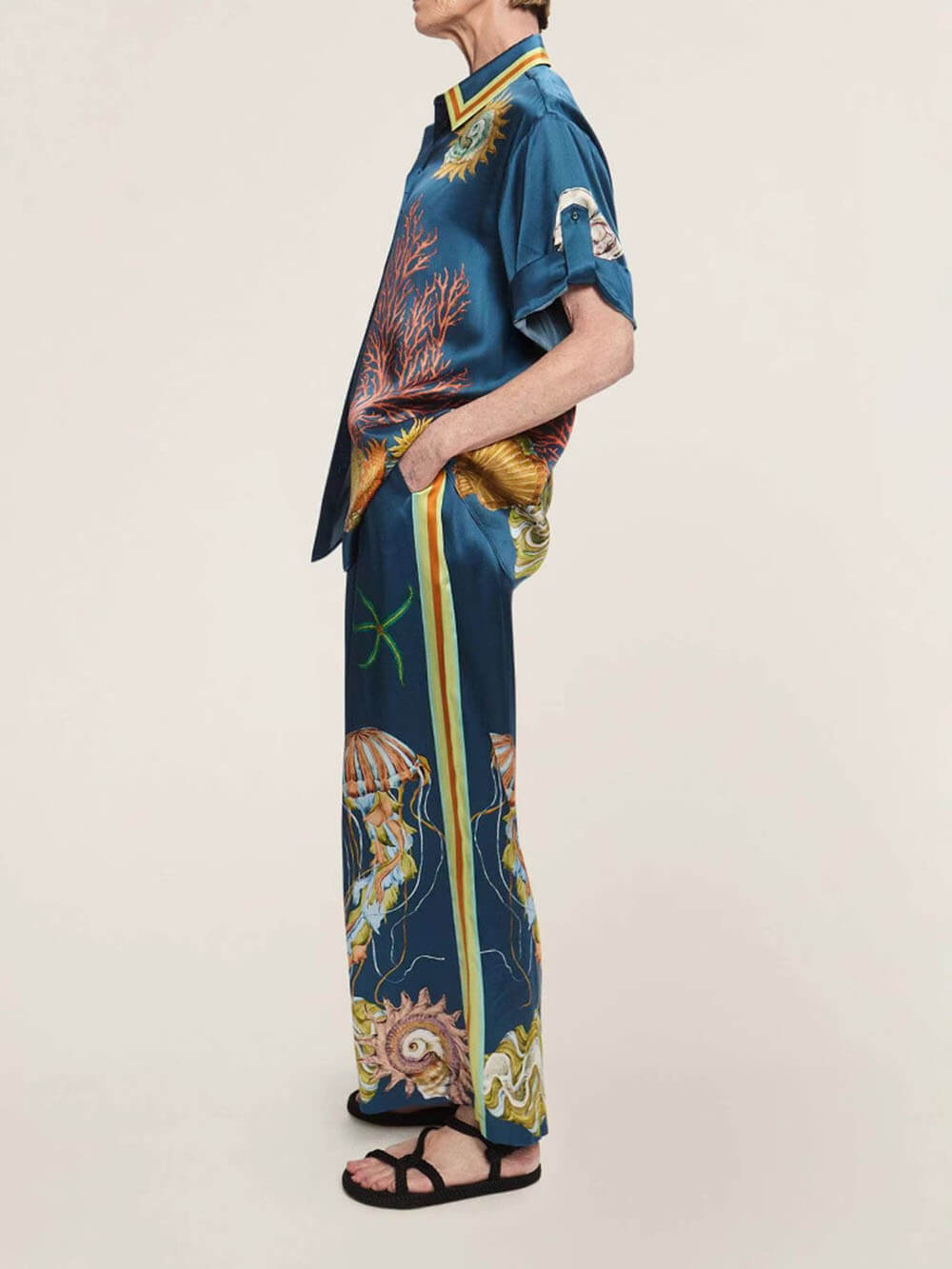 Classic Modern Feel Unique Satin Ocean Animal Print Drawstring Elastic Pocket Wide Leg Pants