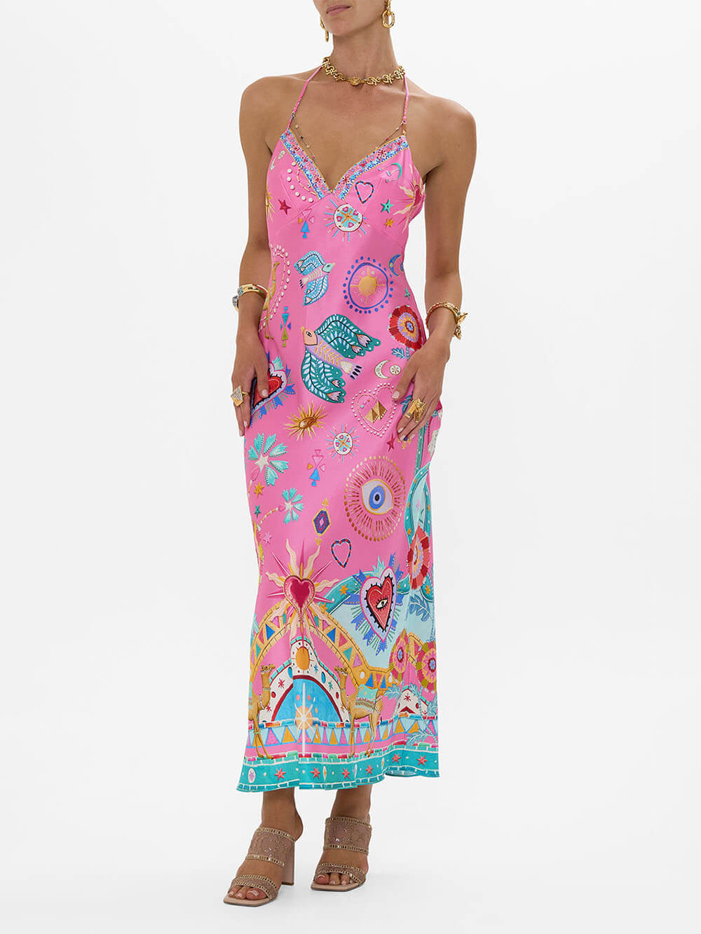 Chic Satin Unique Print Back Chain Detail Slip Maxi Dress