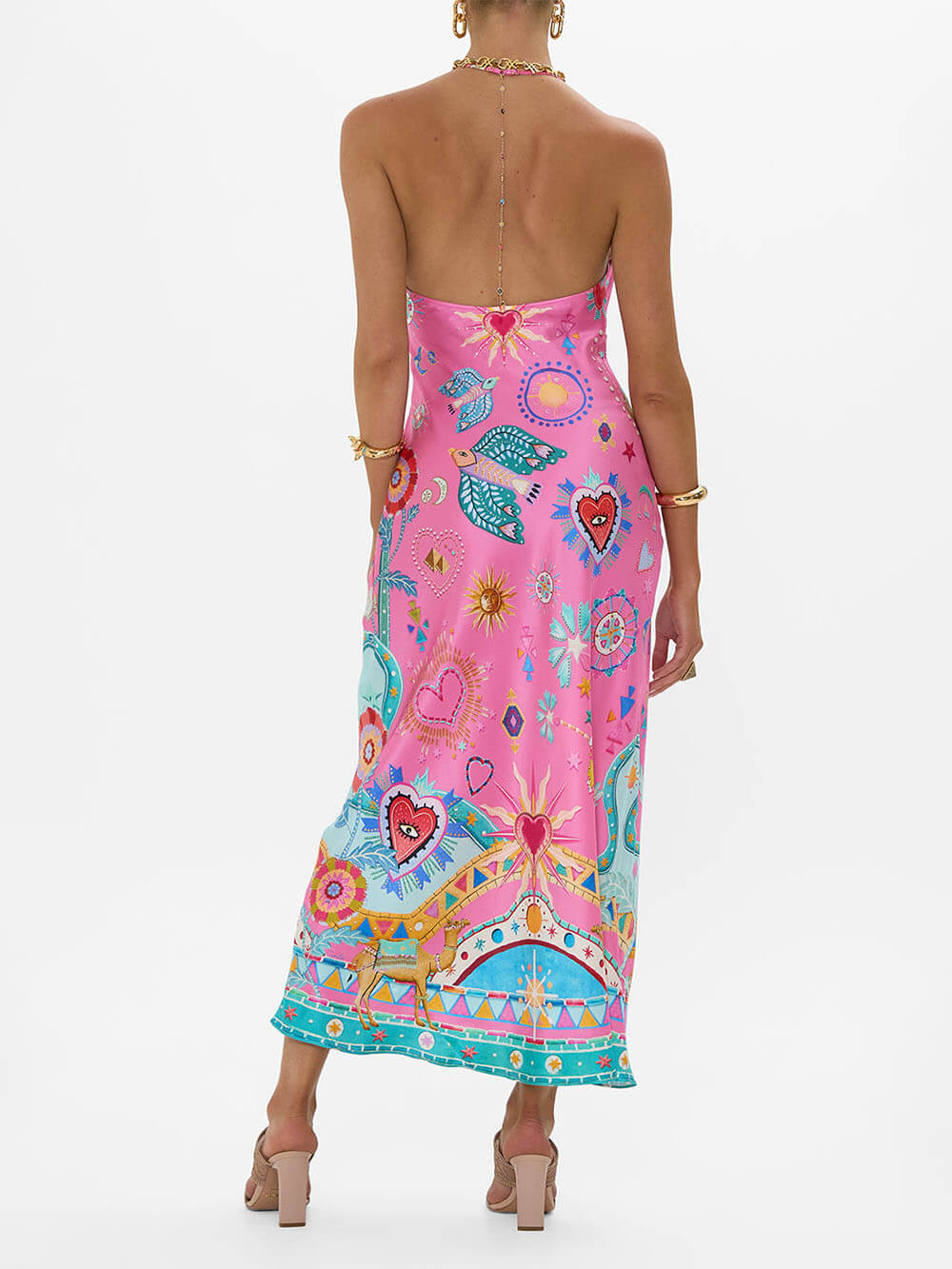 Chic Satin Unique Print Back Chain Detail Slip Maxi Dress