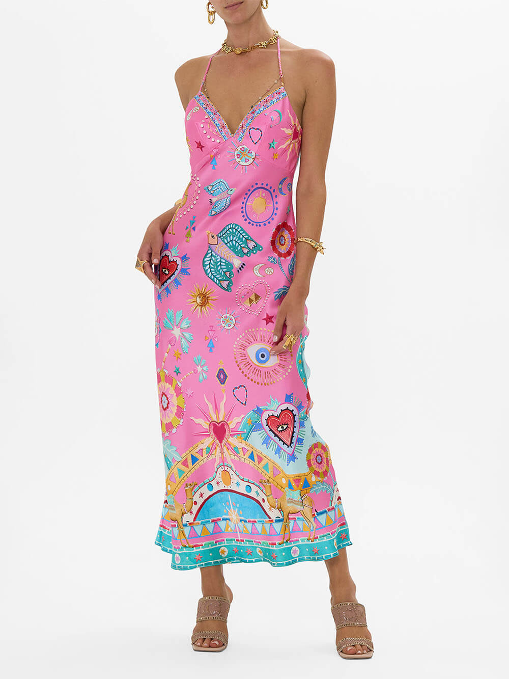 Chic Satin Unique Print Back Chain Detail Slip Maxi Dress